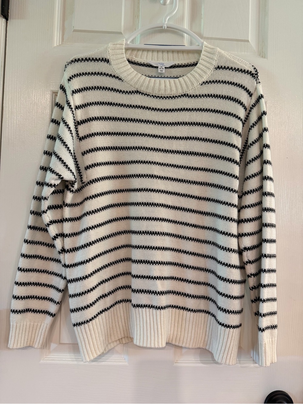 Time and Tru Cream and Black Striped Crewneck Sweater